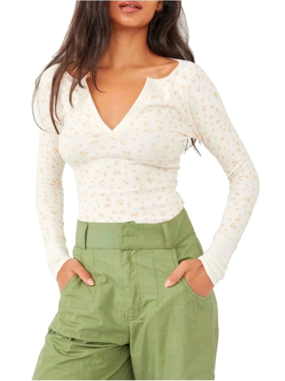 Free People Billie Printed Split Neck Layering Top Tea Combo Ivory Floral M
